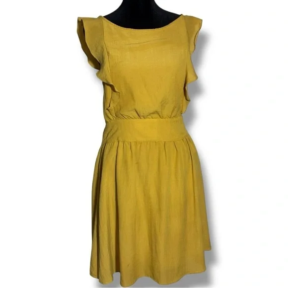 Ivy Chic Mustard Ruffle Sleeves Gathered Waist Cutout Tie Back Mini Dress - Picture 2 of 16